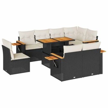 Set mobilier grădină perne 9 piese negru poliratan/lemn acacia - Img 2