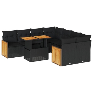 Set mobilier grădină perne 9 piese negru poliratan/lemn acacia - Img 2