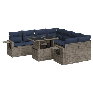 Set mobilier grădină perne 9 piese negru poliratan/lemn acacia - Img 2