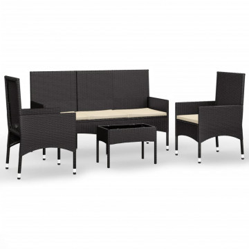Set mobilier relaxare grădină 4 piese cu perne poliratan negru - Img 2