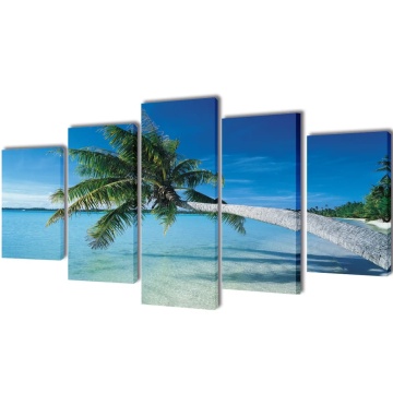 Set tablouri imprimate de pânză, plajă nisip cu palmier, 200 x 100 cm - Img 1
