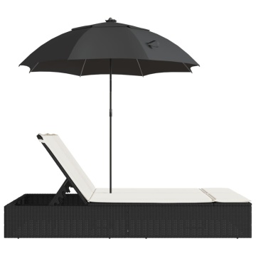 Șezlong dublu cu perne/umbrelă de soare, negru, poliratan - Img 8
