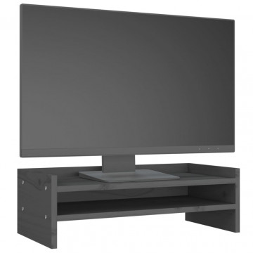 Suport pentru monitor, gri, 50x24x16 cm, lemn masiv pin - Img 4