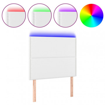 Tăblie de pat cu LED, alb, 100x5x118/128 cm, piele ecologică - Img 2