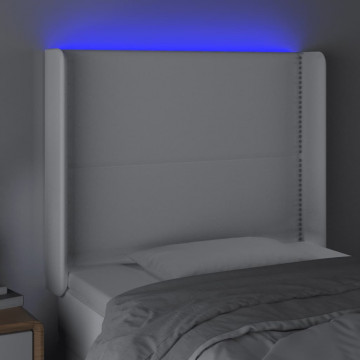 Tăblie de pat cu LED, alb, 103x16x118/128 cm, piele ecologică - Img 4