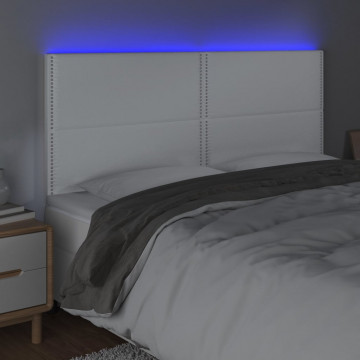 Tăblie de pat cu LED, alb, 200x5x118/128 cm, piele ecologică - Img 3