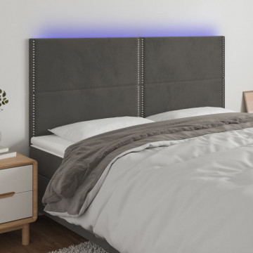 Tăblie de pat cu LED, gri închis, 200x5x118/128 cm, catifea - Img 1