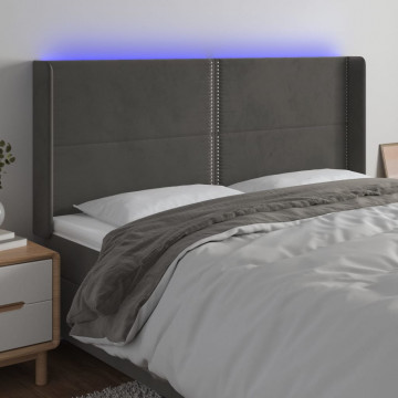 Tăblie de pat cu LED, gri închis, 203x16x118/128 cm, catifea - Img 1