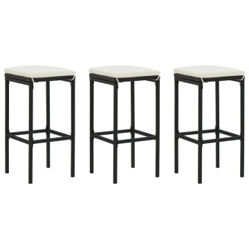 Taburete de bar cu perne, 3 buc., negru, poliratan - Img 1