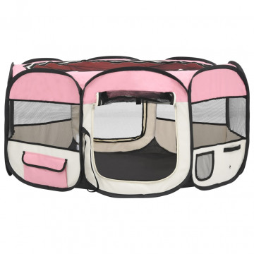 Țarc de câini pliabil cu sac de transport, roz, 145x145x61 cm - Img 3