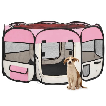 Țarc joacă pliabil câini cu sac de transport roz 125x125x61 cm - Img 1