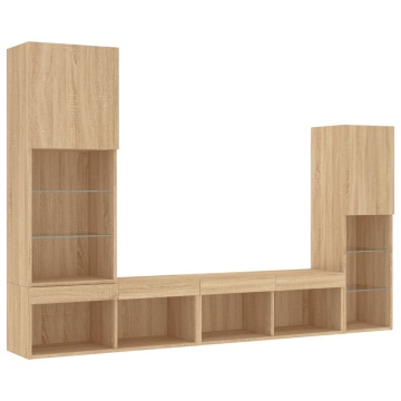 Unități de perete TV cu LED-uri, 4 piese, stejar sonoma, lemn - Img 3