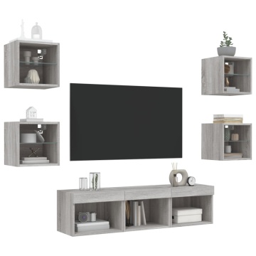 Unități de perete TV cu LED-uri, 7 piese, gri sonoma, lemn - Img 4