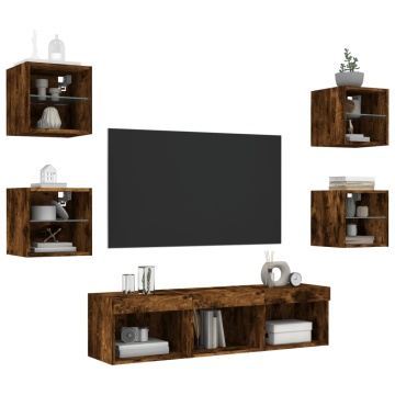 Unități de perete TV cu LED-uri, 7 piese, stejar fumuriu, lemn - Img 4