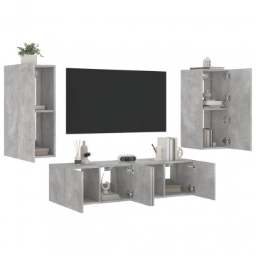 Unități TV de perete cu LED-uri 4 piese gri beton lemn compozit - Img 1