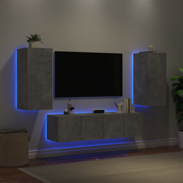 Unități TV de perete cu LED-uri 4 piese gri beton lemn compozit - Img 4