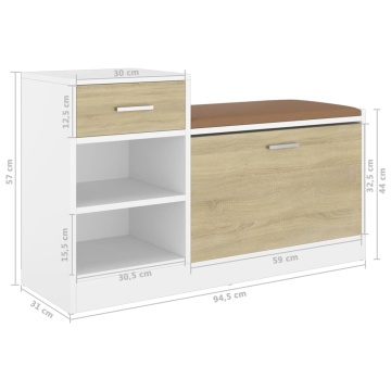 Bancă pantofar alb/stejar sonoma 94,5x31x57 cm, lemn prelucrat - Img 6
