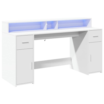 Birou cu lumini LED, alb, 160x55x91 cm, lemn prelucrat - Img 3