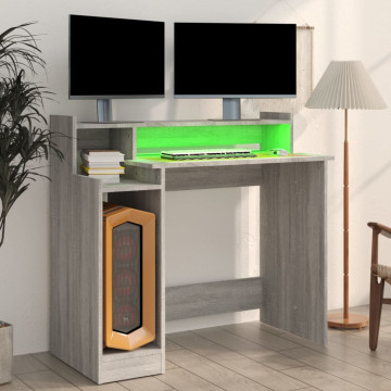 Birou cu lumini LED, gri sonoma, 97x90x45 cm lemn prelucrat - Img 8