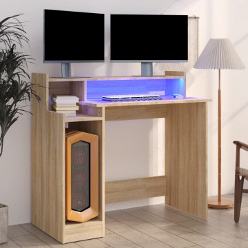 Birou cu lumini LED, stejar sonoma, 97x90x45 cm, lemn compozit - Img 1