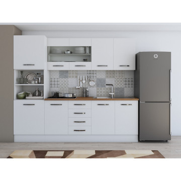 Bucatarie Alfa 240, Soldat, Cu vitrina, Alb, Blat termic nuc - Img 1