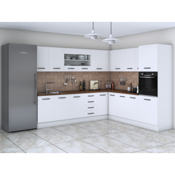 Bucatarie de colt Alfa, Corp inalt cuptor, Cu vitrina, Alb, Blat termic nuc - Img 1