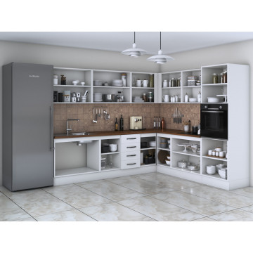 Bucatarie de colt Alfa, Corp inalt cuptor, Cu vitrina, Alb, Blat termic nuc - Img 2