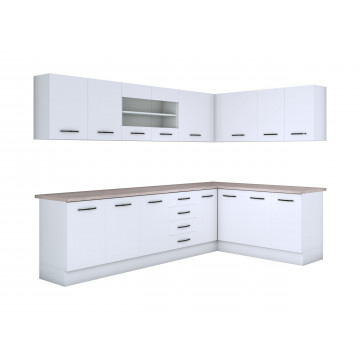 Bucatarie de colt Alfa, Cu vitrina, Alb, Blat termic travertin - Img 3