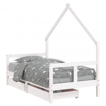 Cadru de pat copii cu sertare, alb, 80x160 cm, lemn masiv pin - Img 2