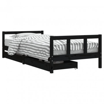 Cadru de pat copii cu sertare, negru, 90x200 cm, lemn masiv pin - Img 2