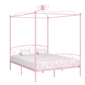 Cadru de pat cu baldachin, roz, 160 x 200 cm, metal - Img 1