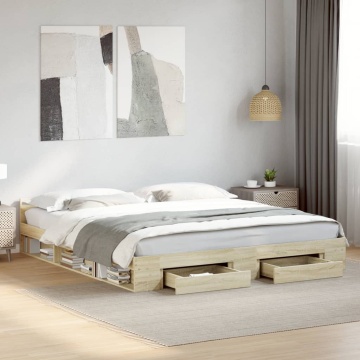 Cadru de pat cu sertare stejar sonoma 200x200 cm lemn prelucrat - Img 2