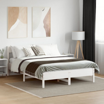 Cadru de pat cu tăblie, alb, 135x190 cm, lemn masiv de pin - Img 3