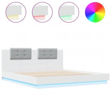 Cadru de pat cu tăblie și lumini LED, alb, 180x200 cm - Img 2