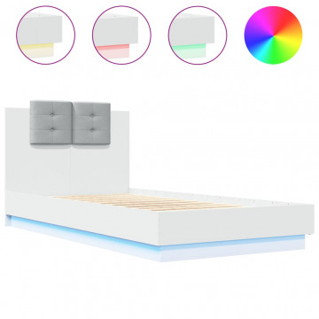 Cadru de pat cu tăblie și lumini LED, alb, 75x190 cm - Img 2