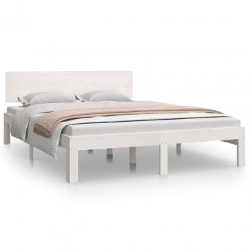Cadru de pat King Size 5FT, alb, 150x200 cm, lemn masiv - Img 2