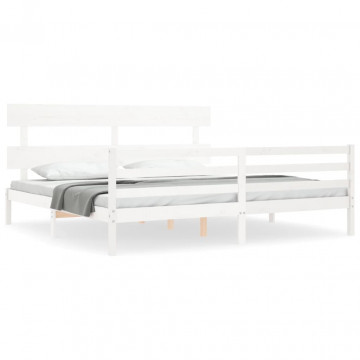 Cadru pat cu tăblie 200x200 cm, alb, lemn masiv - Img 2