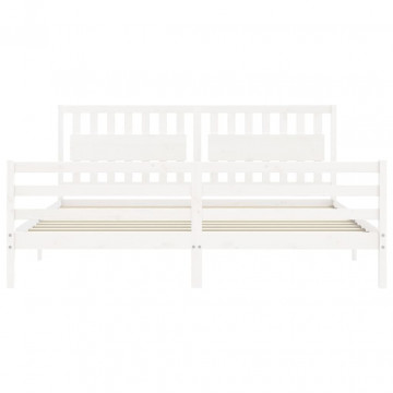 Cadru pat cu tăblie 200x200 cm, alb, lemn masiv - Img 5
