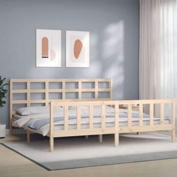 Cadru pat cu tăblie 200x200 cm, lemn masiv de pin - Img 1