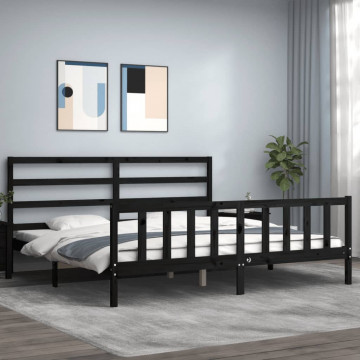 Cadru pat cu tăblie 200x200 cm, negru, lemn masiv - Img 1