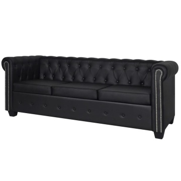 Canapea Chesterfield cu 3 locuri, piele artificială, negru - Img 1