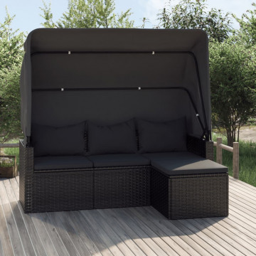 Canapea grădină 3 locuri cu acoperiș și taburet negru poliratan - Img 1