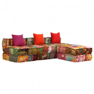 Canapea puf modulară cu 3 locuri, petice, material textil - Img 1
