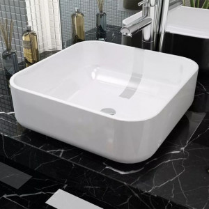 Chiuvetă de baie din ceramică, pătrată, 38 x 38 x 13,5 cm, alb - Img 1
