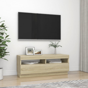 Comodă TV cu lumini LED, stejar sonoma, 100x35x40 cm - Img 5
