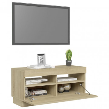 Comodă TV cu lumini LED, stejar Sonoma, 80x35x40 cm - Img 5