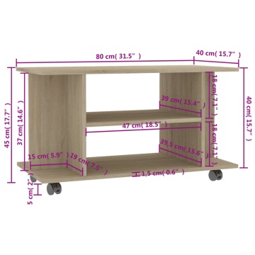 Comodă TV cu roți, stejar Sonoma, 80x40x45 cm, lemn prelucrat - Img 5