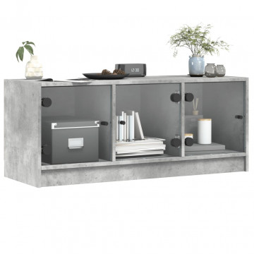 Comodă TV cu uși din sticlă, gri beton, 102x37x42 cm - Img 4