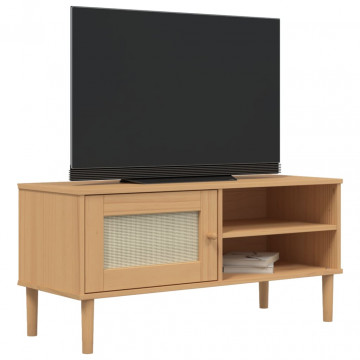 Comodă TV SENJA aspect ratan maro, 106x40x49 cm, lemn masiv pin - Img 3