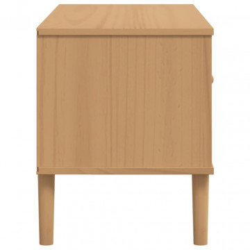Comodă TV SENJA aspect ratan maro, 106x40x49 cm, lemn masiv pin - Img 6